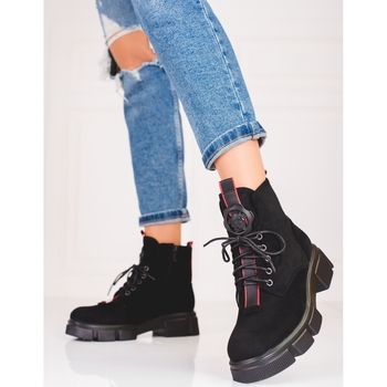 Pk Praktické  kotníčkové boty dámské černé na plochém podpatku 