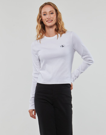 Textil Ženy Trička s dlouhými rukávy Calvin Klein Jeans WOVEN LABEL RIB LONG SLEEVE Bílá