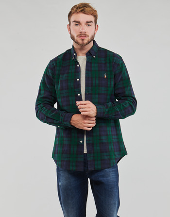 Textil Muži Košile s dlouhymi rukávy Polo Ralph Lauren CHEMISE COUPE DROITE EN OXFORD Zelená / Tmavě modrá