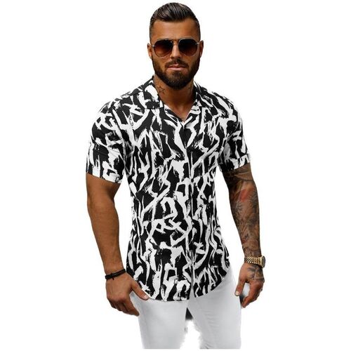 Textil Muži Košile s dlouhymi rukávy Ozonee Pánská košile s krátkým rukávem Kelatin černo-bílá Černá