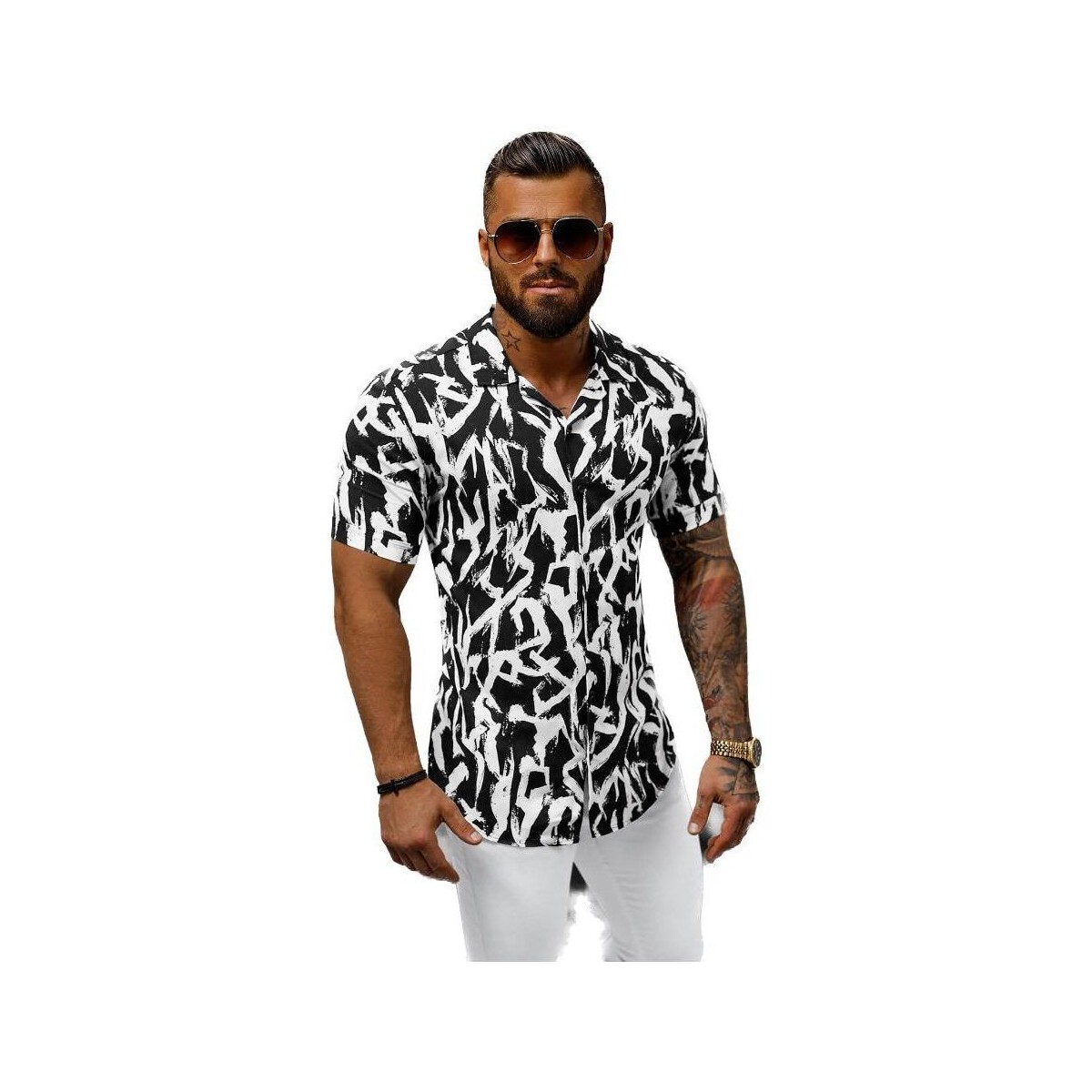 Textil Muži Košile s dlouhymi rukávy Ozonee Pánská košile s krátkým rukávem Kelatin černo-bílá Černá