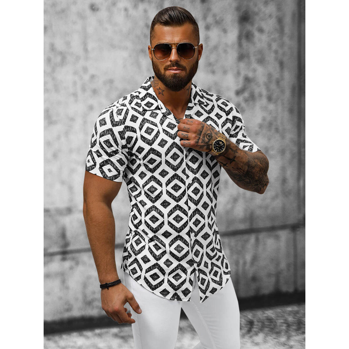 Textil Muži Košile s dlouhymi rukávy Ozonee Pánská košile s krátkým rukávem Avalon bílo-černá Bílá/Černá