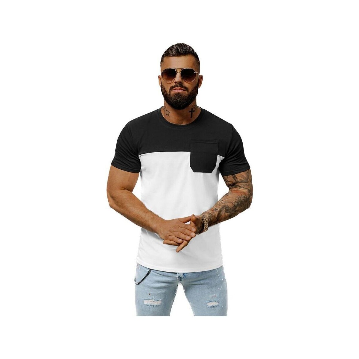 Textil Muži Trička s krátkým rukávem Ozonee Pánské tričko s krátkým rukávem Valeria černo-bílá Bílá