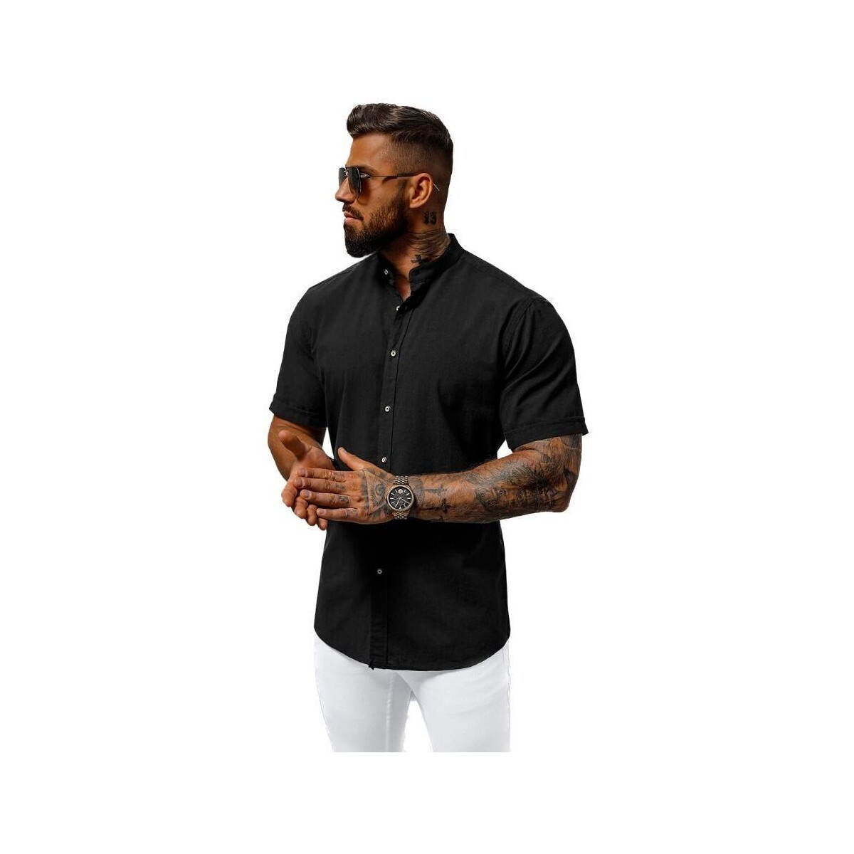 Textil Muži Košile s dlouhymi rukávy Ozonee Pánská košile s krátkým rukávem Tirnilun černá Černá