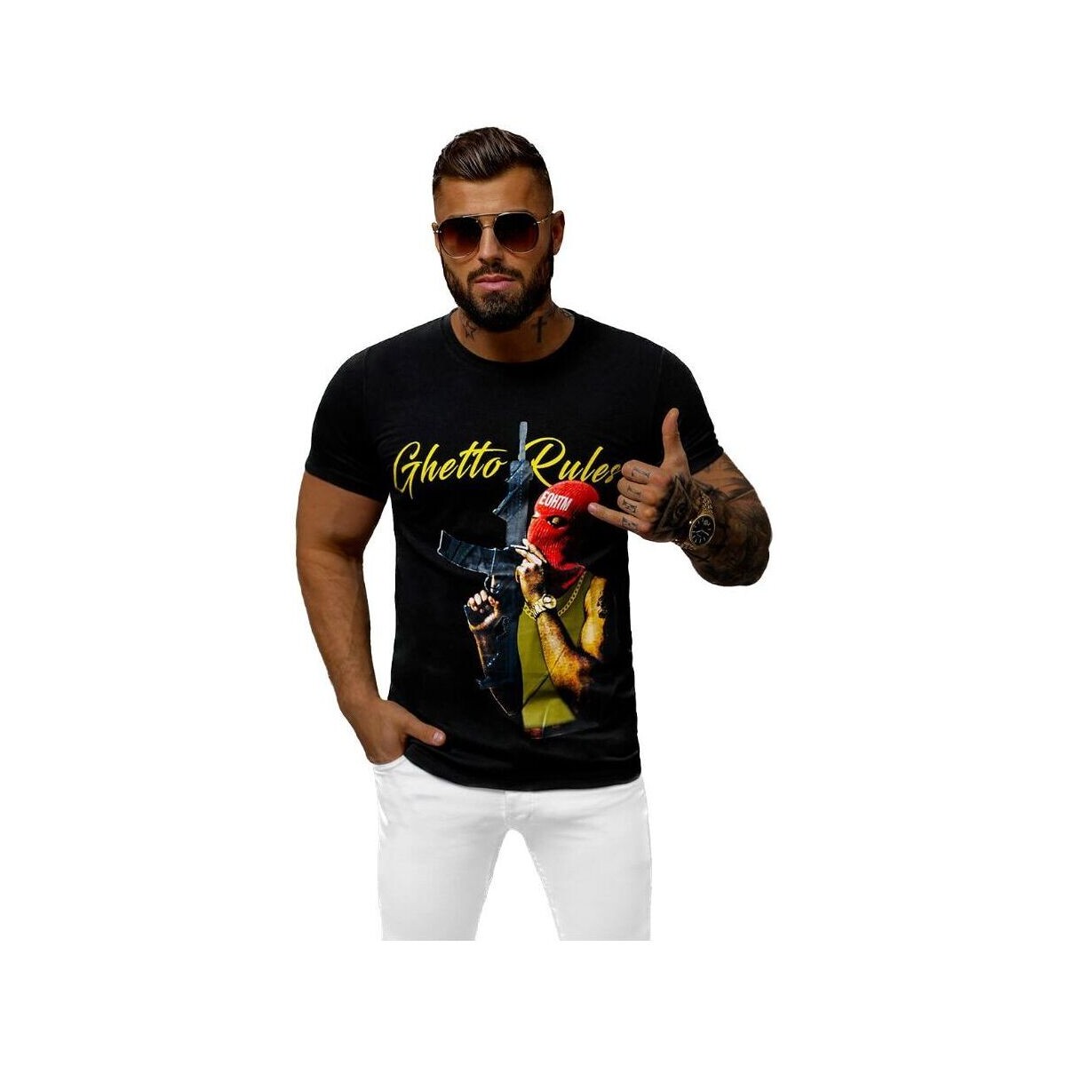 Textil Muži Trička s krátkým rukávem Ozonee Pánské tričko s potiskem Caissar černá Černá